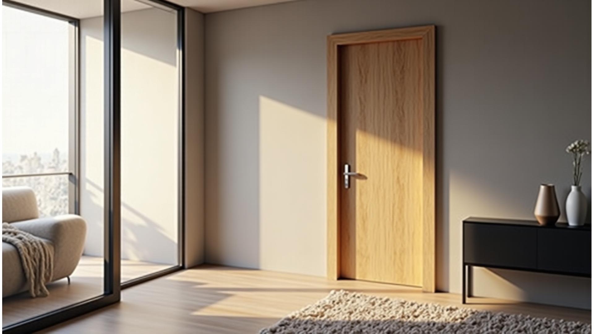 Stunning modern wooden door integrating with a minimalist apartment interior, subtly lit to enhance texture and warmth.